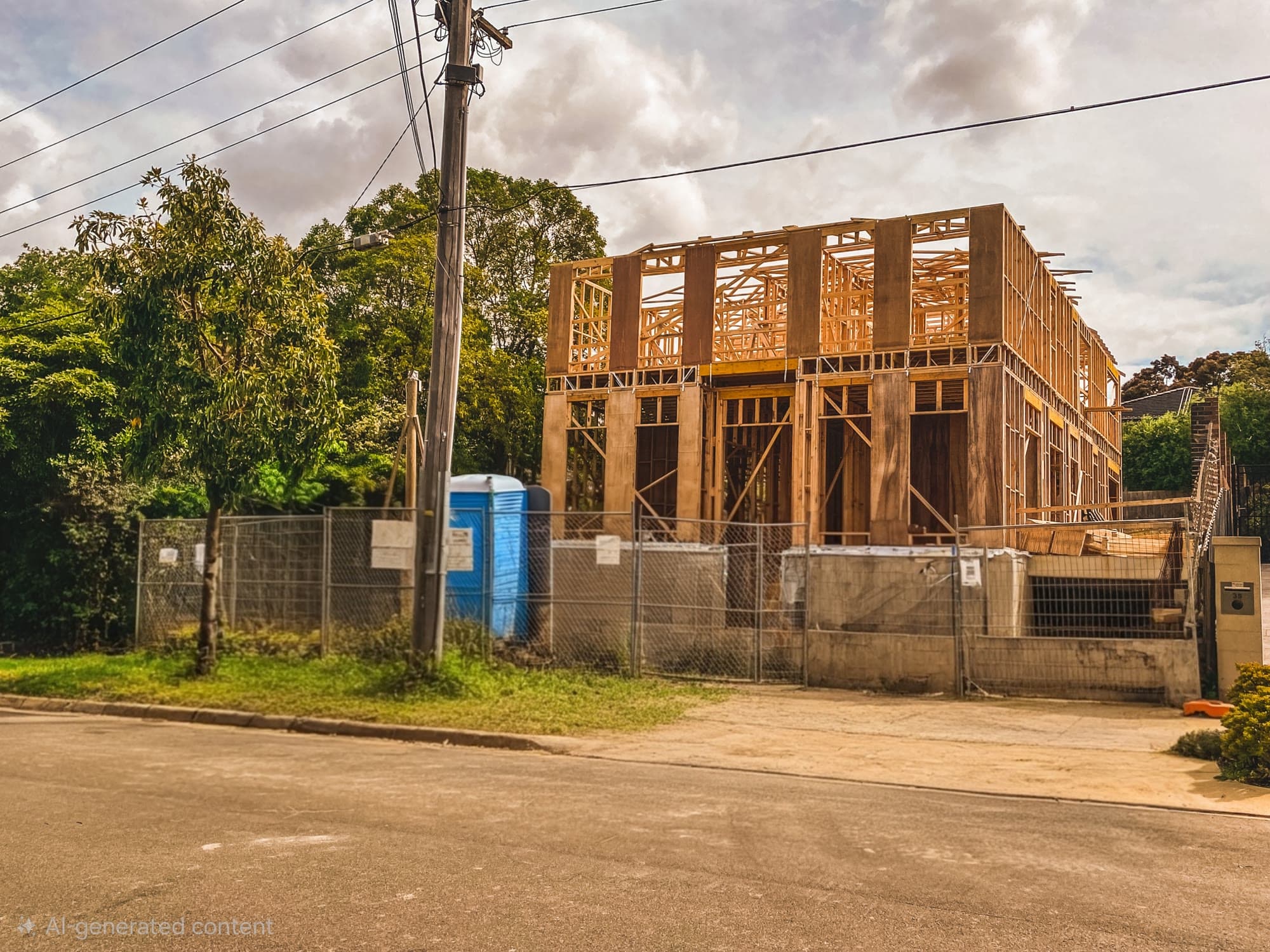 Home under construction, timber framing stage